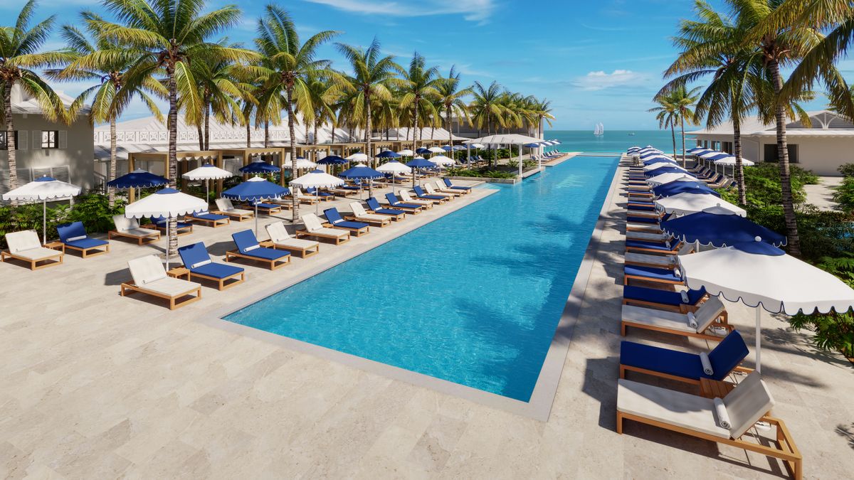 Representaci&oacute;n de la nueva piscina lineal de Sandals Royal Caribbean, dise&ntilde;ada para dirigir la mirada directamente hacia el mar Caribe.