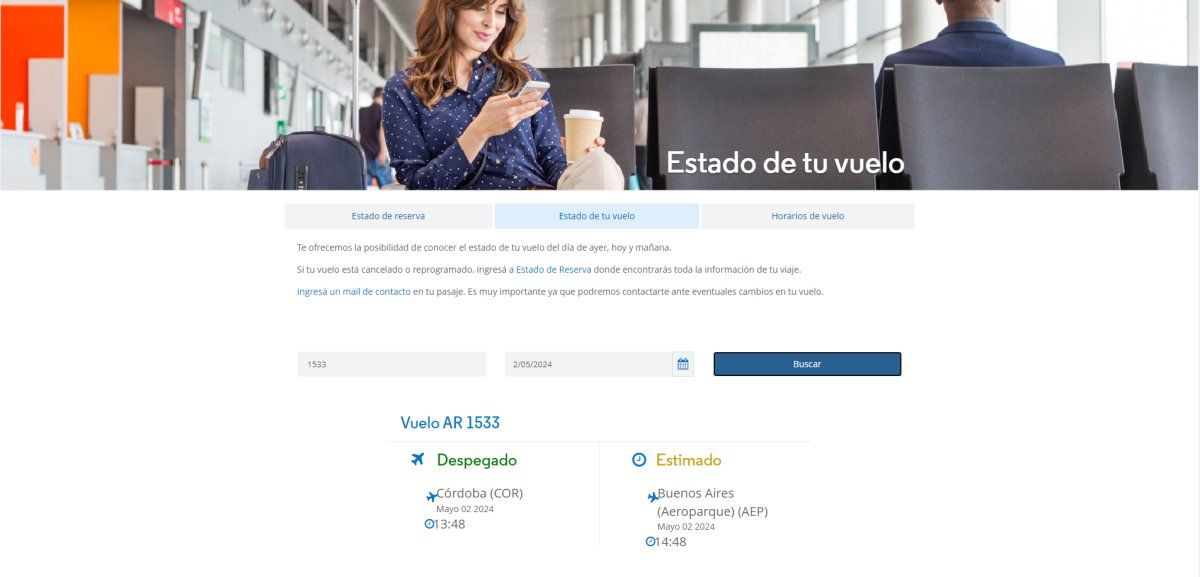 El sitio web de Aerolíneas Argentinas permite consultar la información básica sobre el estado de un vuelo.