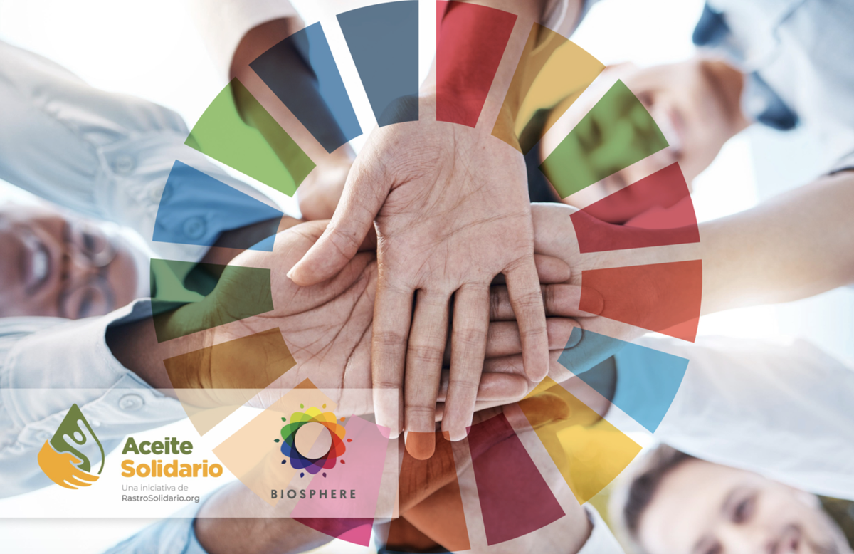 Cartel promocional sobre el acuerdo de colaboración entre Biospehere y AceiteSolidario.