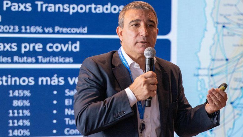 Fabián Lombardo, en plena presentación de Aerolíneas Argentinas.