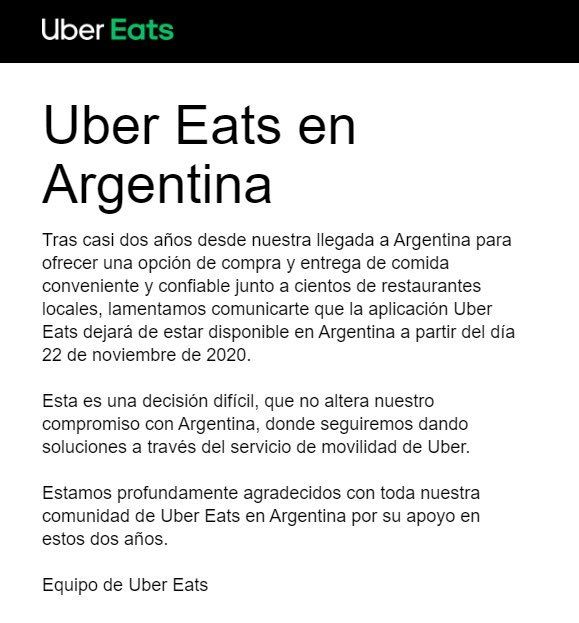 Uber Eats informó a los restaurantes sobre la decisión a través de este comunicado.