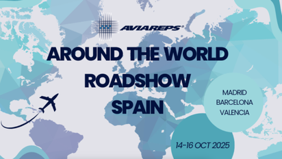 Cartel del roadshow internacional de AVIAREPS en 2025.