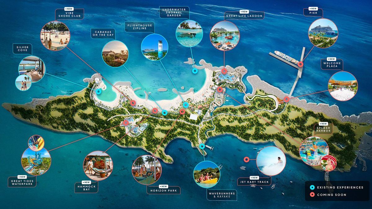 Mapa de atracciones de la isla Great Stirrup Bay de Norwegian Cruise Line.