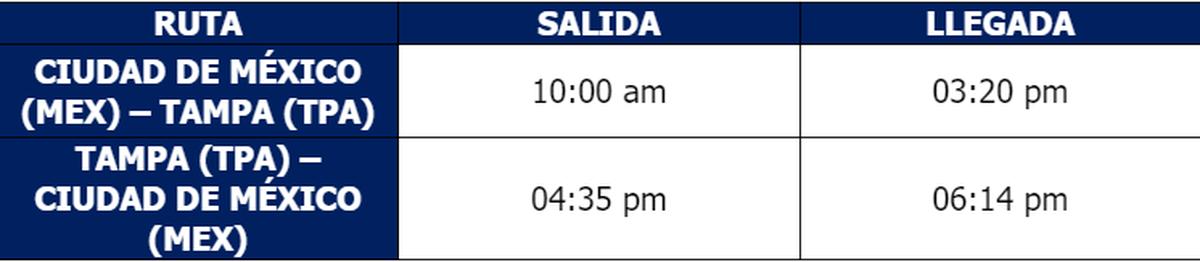 Horarios de los vuelos de Aeroméxico entre Ciudad de México y Tampa. Horarios de los vuelos de Aeroméxico entre Ciudad de México y Tampa.