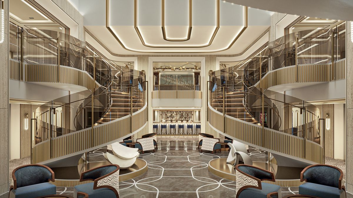 Starlight Atrium, uno de los espacios ícono de Seven Seas Prestige. Regent Seven Seas proyecta el lanzamiento para fines de 2026.