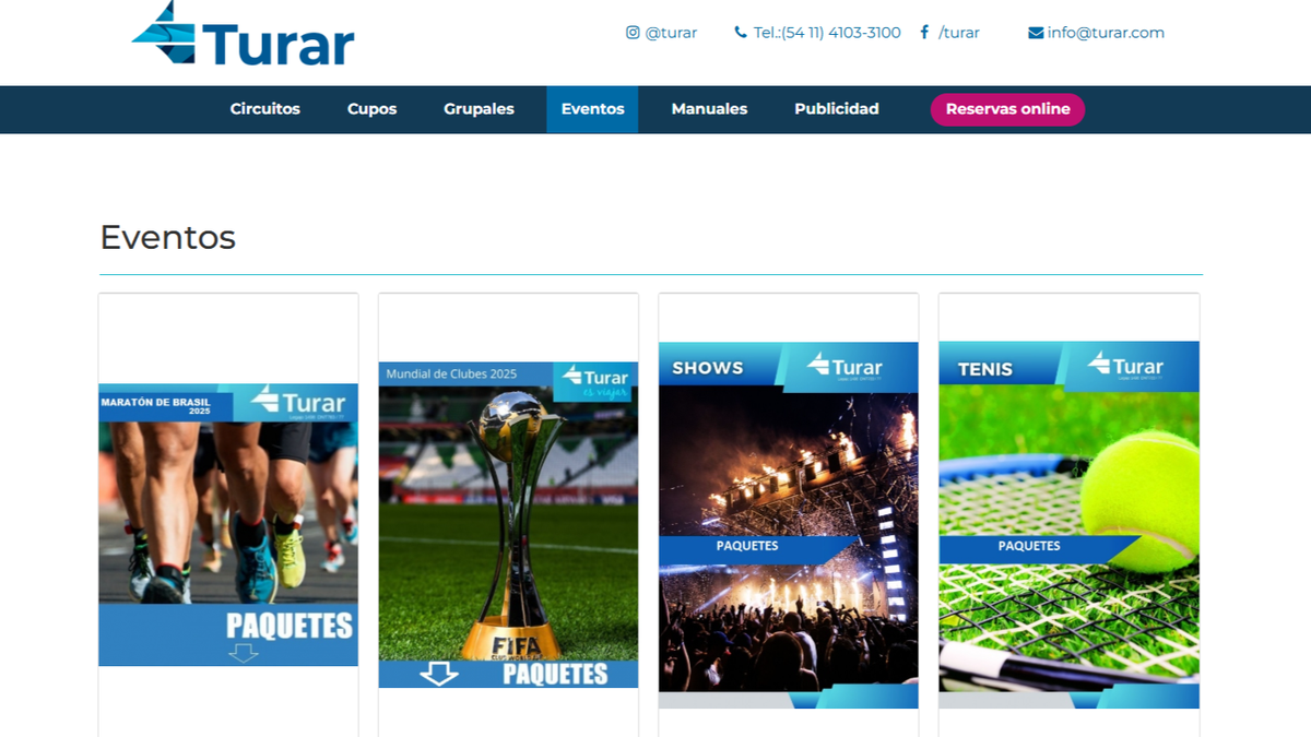 La web de Turar despliega la oferta de eventos de la operadora.