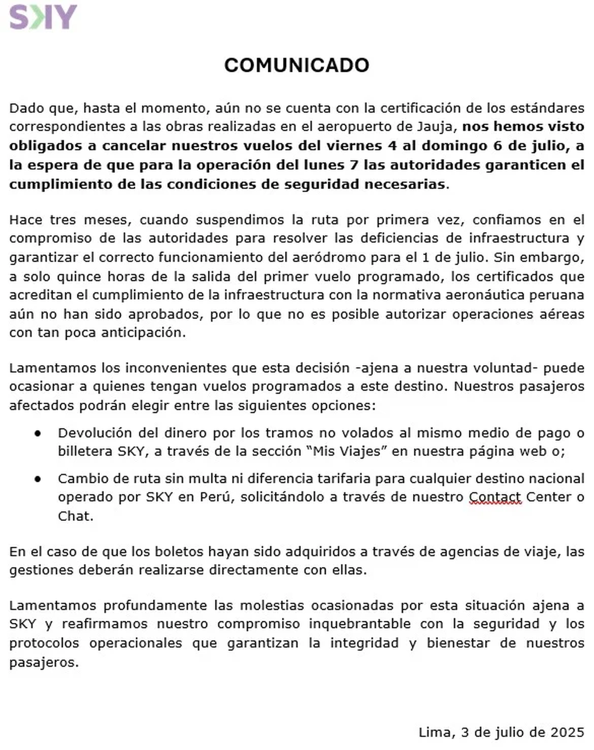 Comunidado Sky Airline. 