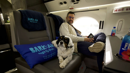 Un perro y su dueño, disfrutando de un viaje en uno de los aviones de Bark Air.