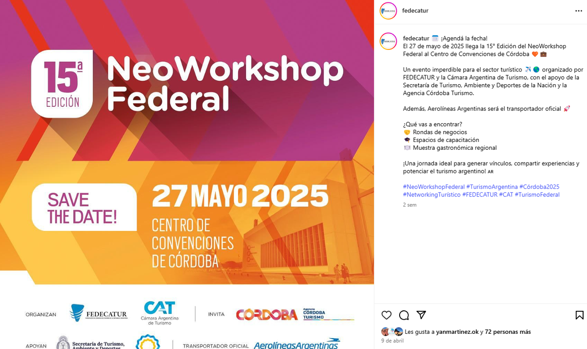 El posteo de Fedecatur anunciando el NeoWorkshop Federal sigue activo en sus redes sociales. Acto seguido, publicaron la suspensión.