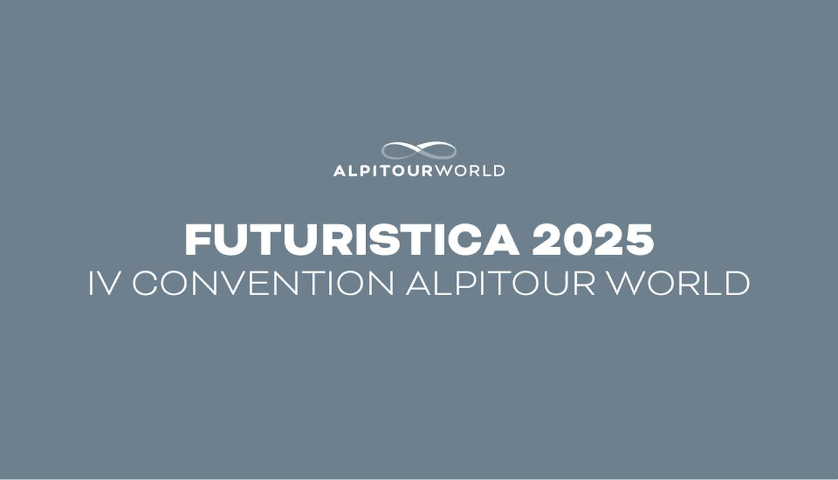 Cartel de FUTURISTICA 2025, la convención global de Alpitour, grupo del que forma parte Jumbo Tours.