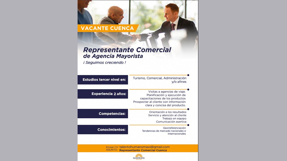 Maxitravel busca contratar un representante comercial para Cuenca.