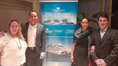 MarianaBenseñor, gerente de Ventas de Vanguard Marketing; junto a Frank Medina, vicepresidente & Managing Director Latam y Caribe de NCL; Larissa Valero, Business Development Manager Latam de NCL; y Adrián Pavese, ejecutivo senior de Vanguard Marketing.