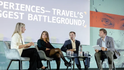 Los responsables de Hyatt, Booking.com y Amadeus, durante la ponencia en Phocuswright Europe.
