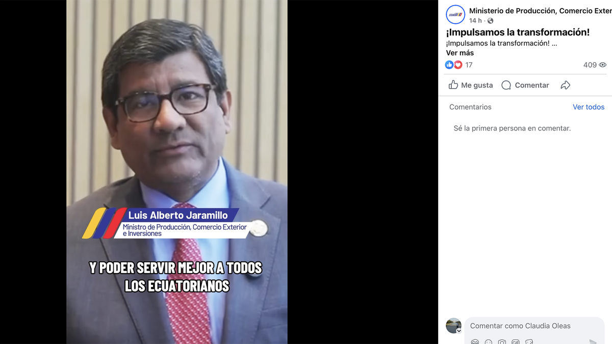 Luis Alberto Jaramillo, ministro de Producción, Comercio Exterior e Inversiones, habla en un video sobre la fusión con el Ministerio de Turismo.