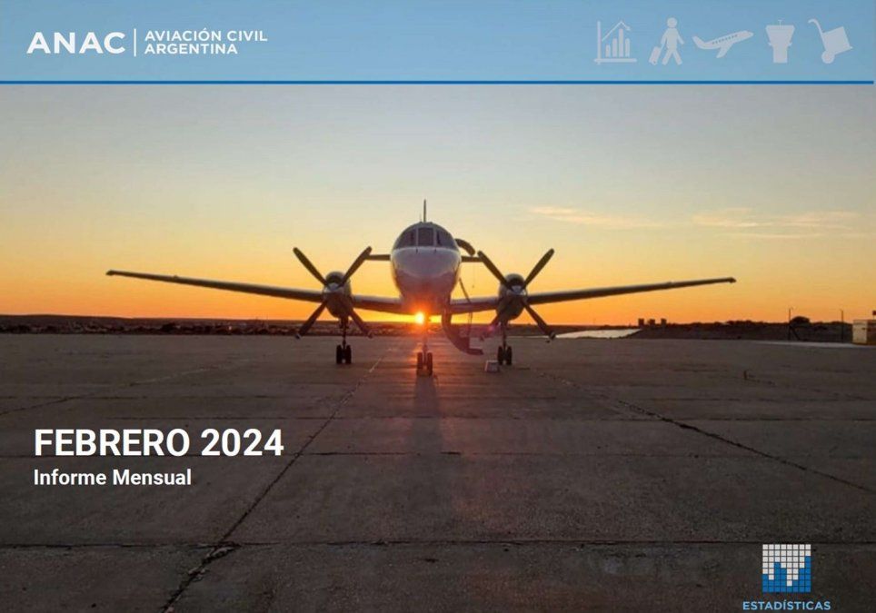 Cubierta del informe estadístico de transporte aéreo correspondientes a febrero de 2024, de la ANAC