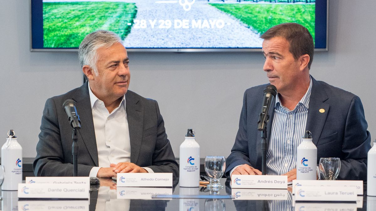 Alfredo Cornejo, gobernador de Mendoza, y Andrés Deyá, presidente de Faevyt, presentaron el Congreso de Agentes de Viajes, que se realizará en Mendoza, el 28 y 29 de mayo.