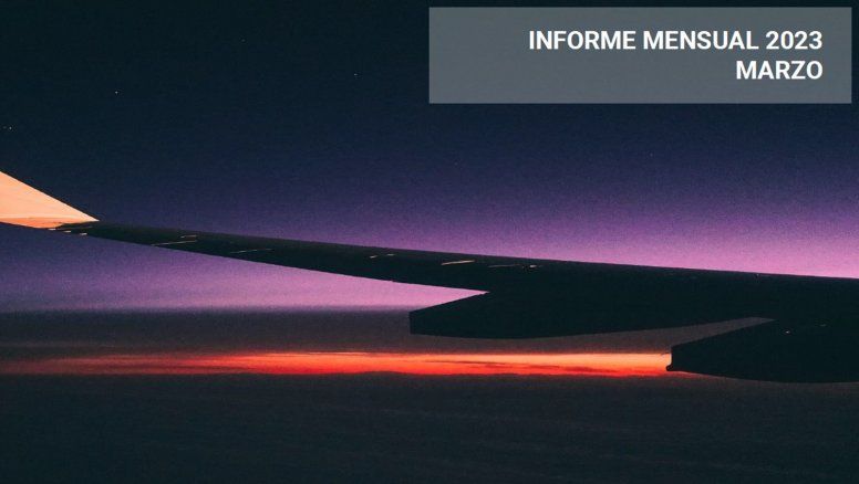 Cubierta del informe mensual de ANAC correspondiente al comportamiento del transporte aéreo en marzo de 2023.