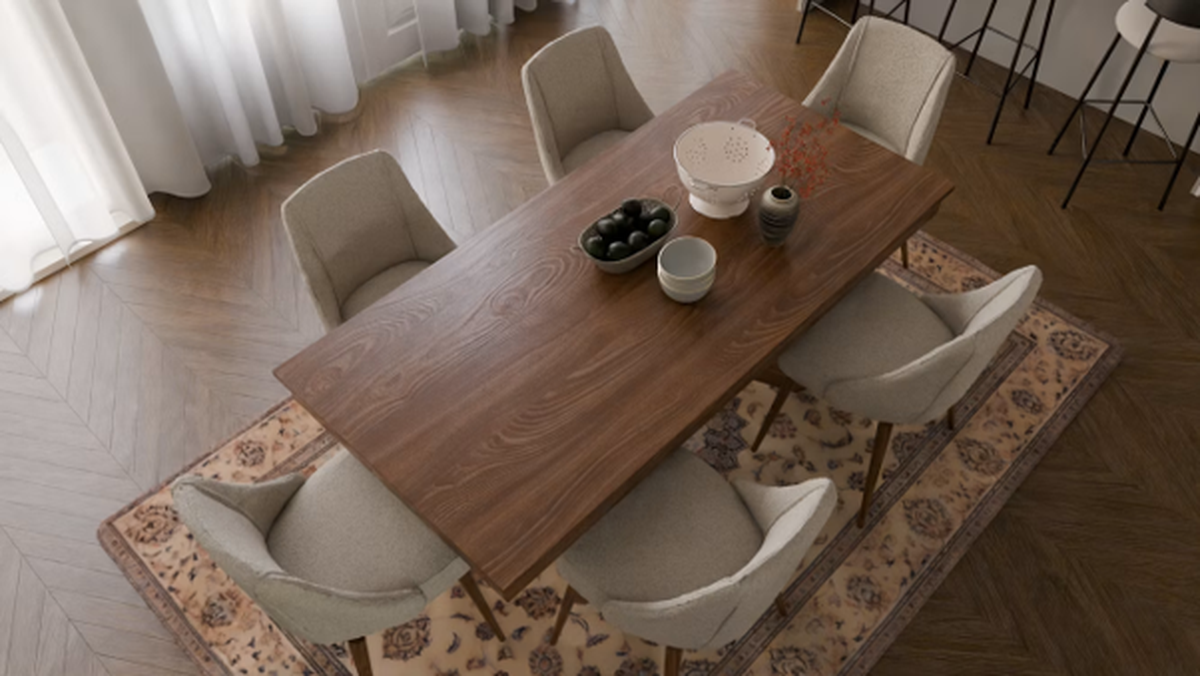 Los centros de mesa, manteles, caminos o individuales deben acompañar el estilo sin recargar. En un comedor de seis puestos, es mejor dejar espacio libre para que la mesa siga siendo cómoda en el uso diario.