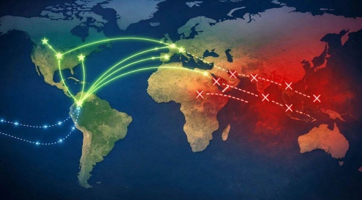 Las rutas a&eacute;reas globales se reconfiguran ante la escalada en Medio Oriente, obligando a desv&iacute;os y ajustes que impactan la conectividad entre continentes.