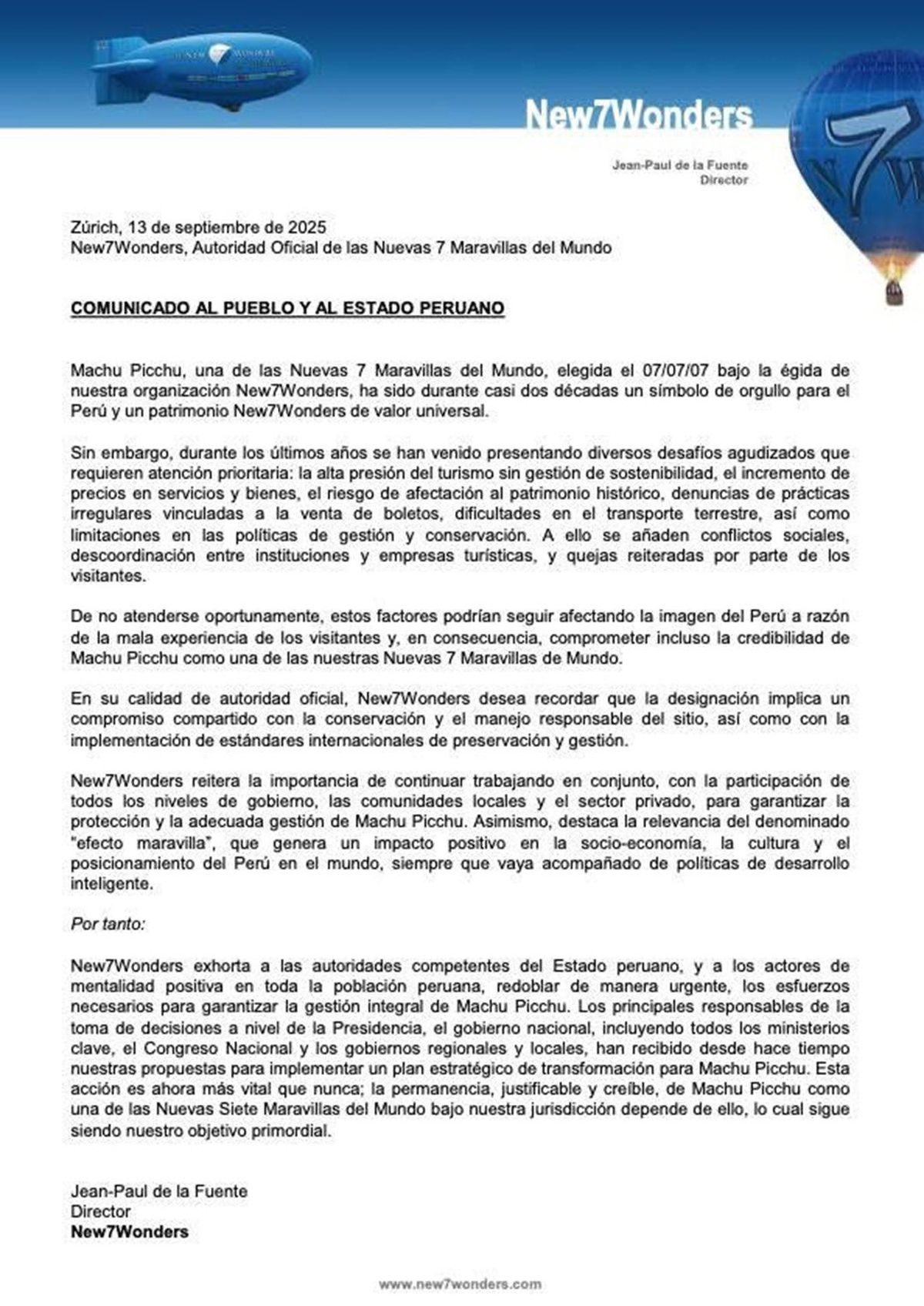 Comunicado de New7Wonders.