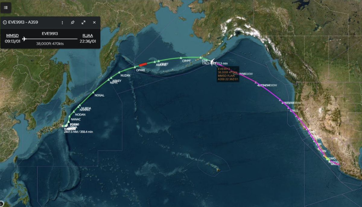 Ruta en el radar de uno de los vuelos de Iberojet que cruza por primera vez el Pacífico.