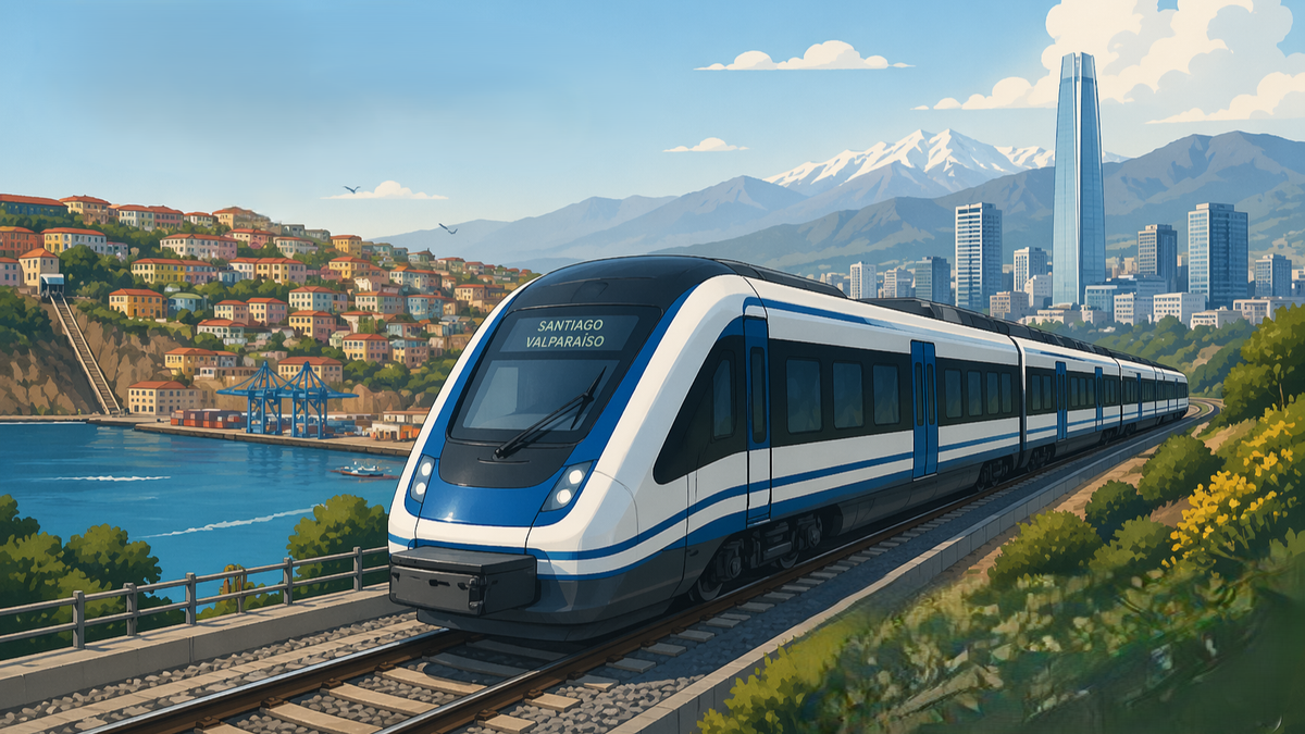 Ilustración referencial del proyecto de tren Santiago–Valparaíso, iniciativa clave para fortalecer la conectividad interregional.