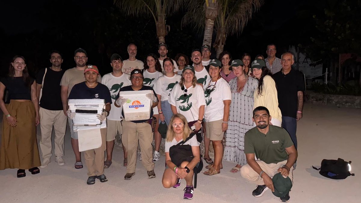 Participantes del Fam Trip de Soltour durante la liberación de tortugas, una actividad de turismo sostenible con Eco Bahía.