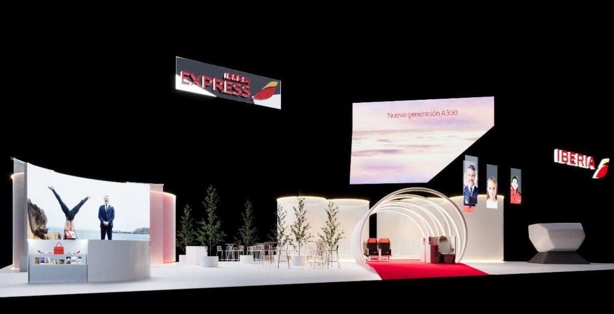 El render del stand de Iberia en Fitur 2023.