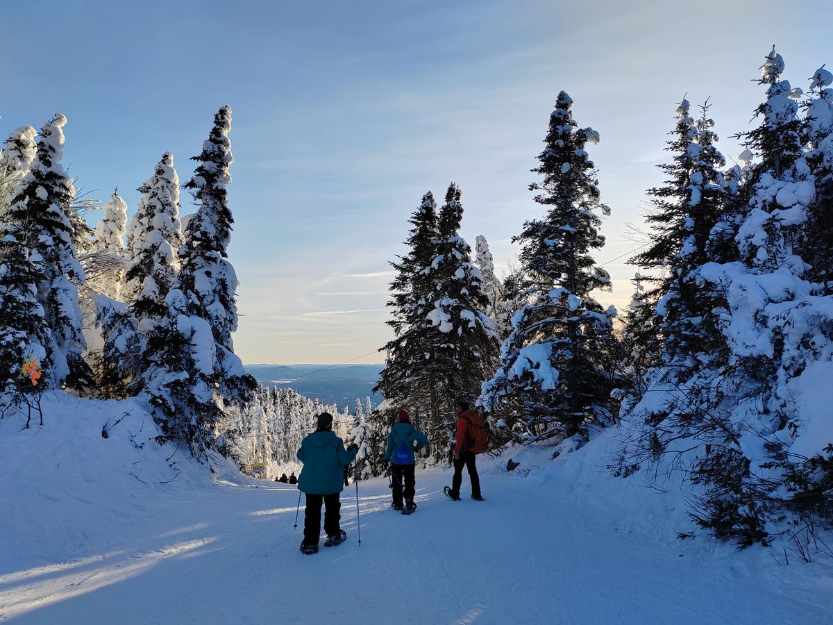Una actividad típica de invierno en Québec es la caminata en raquetas de nieve en la montaña.&nbsp;