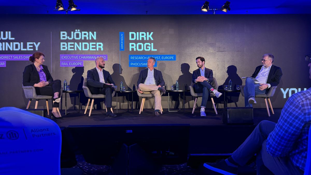 Björn Bender, CEO & Executive Chairman, Rail Europe; Paul Brindley, B2B and Indirect Sales Director, Eurostar; Guillermo Castrillo, Chief Strategy and Sustainability Officer, Iryo; y Anne Pruvot, CEO, SNCF Connect & Tech en Phocuswright Europe 2024.