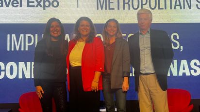 BTE 2025: Katherine Zuzarte, Deloitte; Victoria Kenar, Travel Security; Teresita Morán, Buk; junto a Guillemo Correa, CEO de Travel Security y presidente del directorio de Achet.