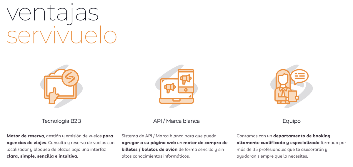 Uno de los apartados web de Servivuelo sobre sus servicios y distinción en el mercado