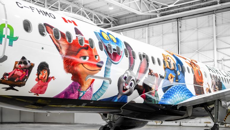 Librea de Zootopia 2, recién pintada en un Airbus A220 de Air Canada.