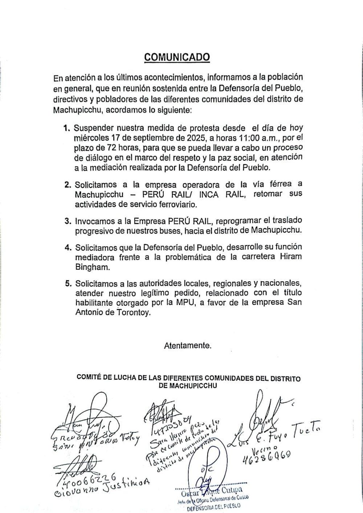 Comunicado del Comité de Lucha de las Comunidades del distrito de Machu Picchu.