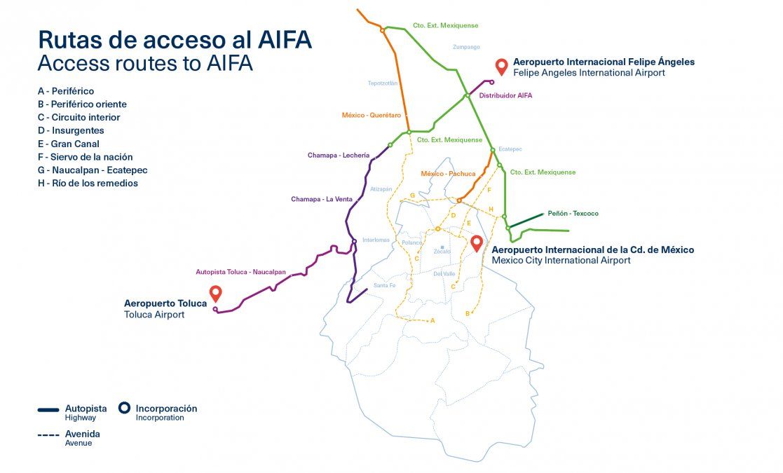 Existen diferentes opciones para llegar AIFA y las principales vías de conectividad son el Circuito Exterior Mexiquense y Autopista México-Pachuca.
