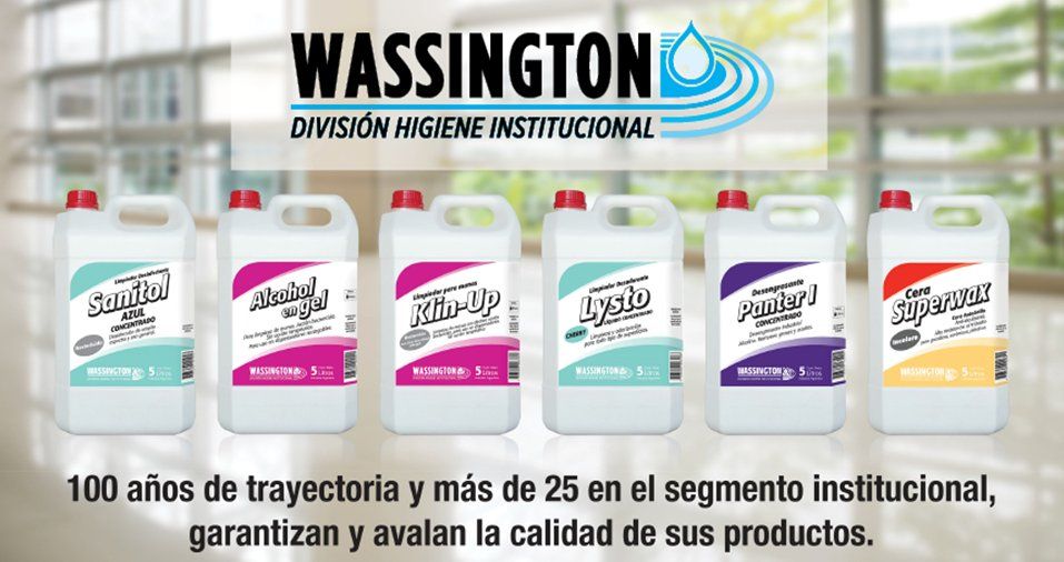 Portfolio de productos en formato de 5 lt. para la higiene y limpieza institucional.