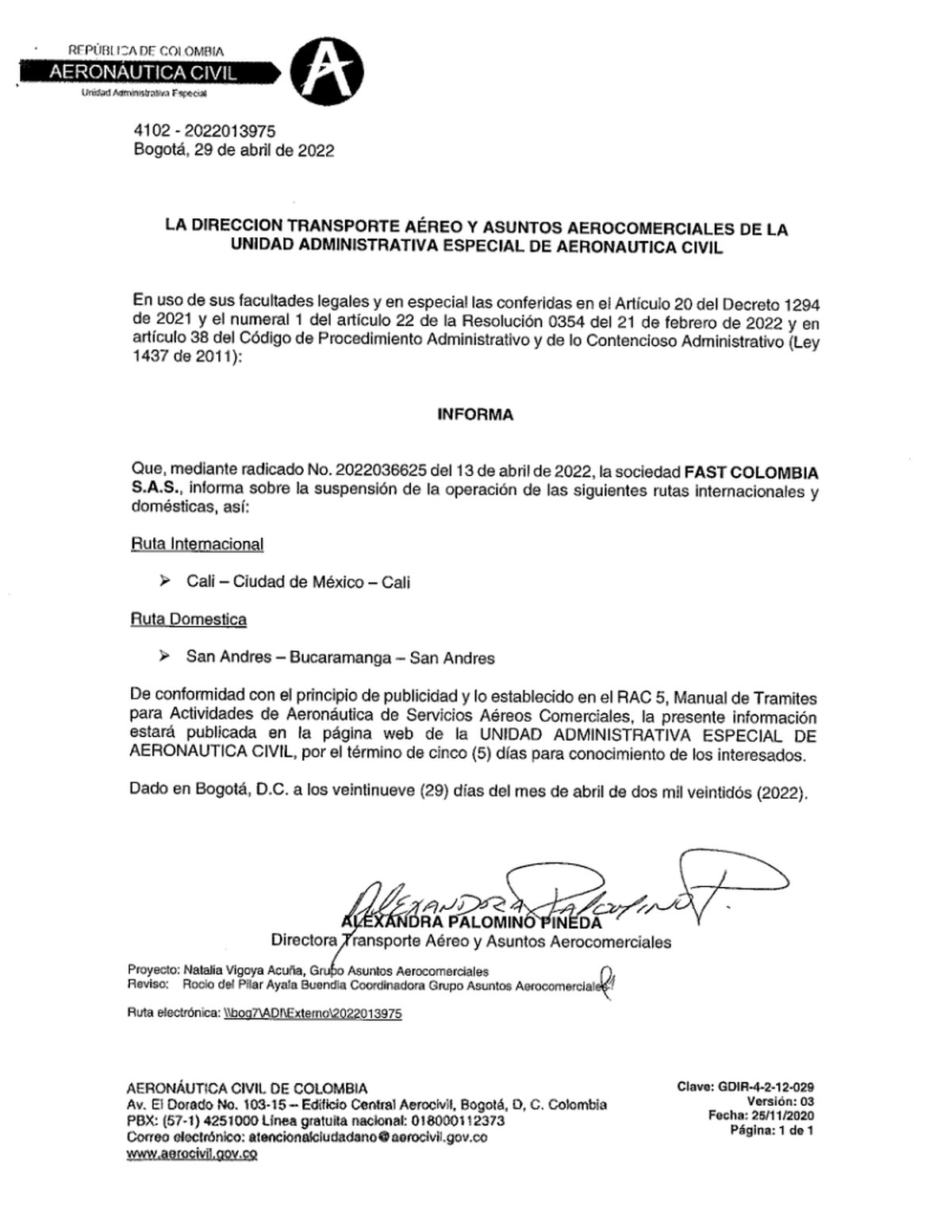 Documento de la Aerocivil informando la suspensión de las dos rutas de Viva Air.