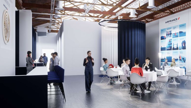 Render del Restaurante Air France, tras los muros del Palais de Tokyo, en París.