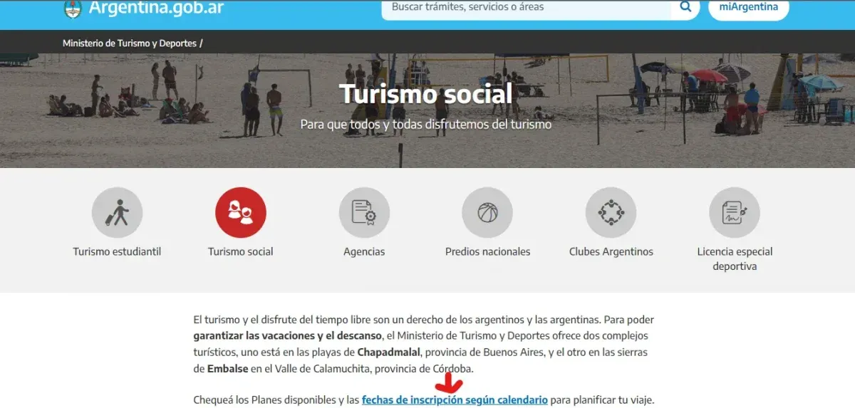 Escapadas: dentro de la sección de Turismo Social se puede acceder a las fechas de inscripción según calendario.