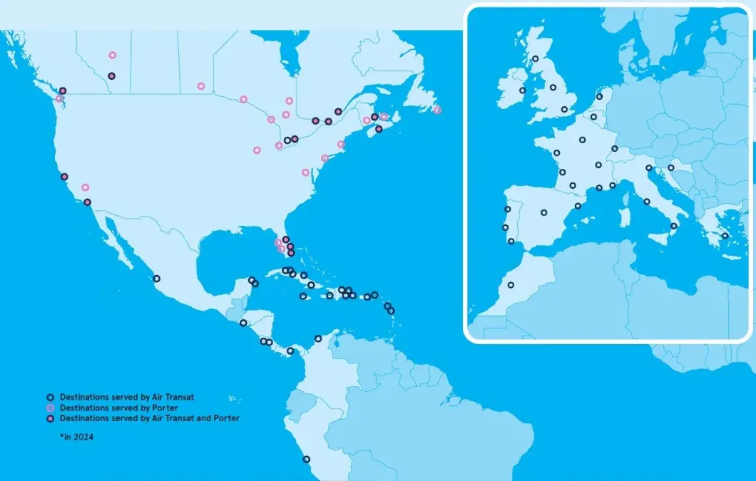 Mapa de rutas combinado de Air Transat y Porter Airlines.