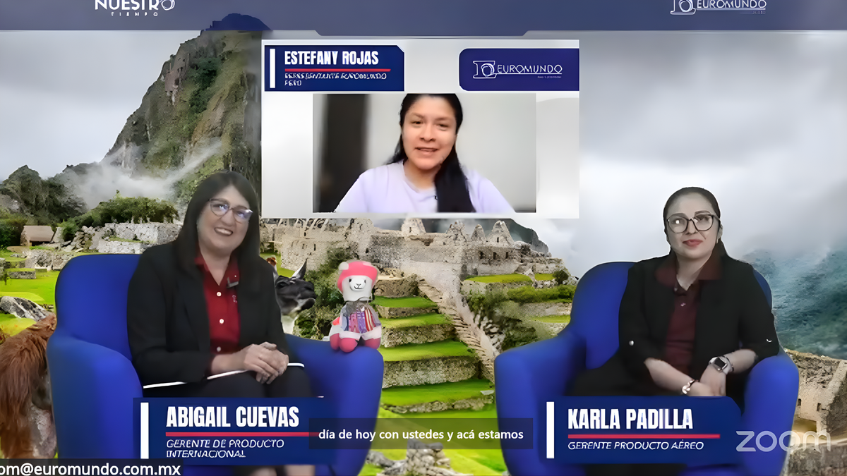 El encuentro virtual contó con la participación de Abigail Cuevas, gerente de Producto Internacional; Estefany Rojas, representante de Euromundo en Perú, y Karla Padilla, gerente de Producto Aéreo.