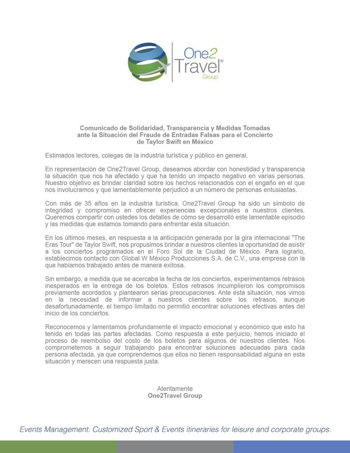 Comunicado de One2Travel Group en torno a lo sucedido con las entradas a los conciertos de Taylor Swift.&nbsp;