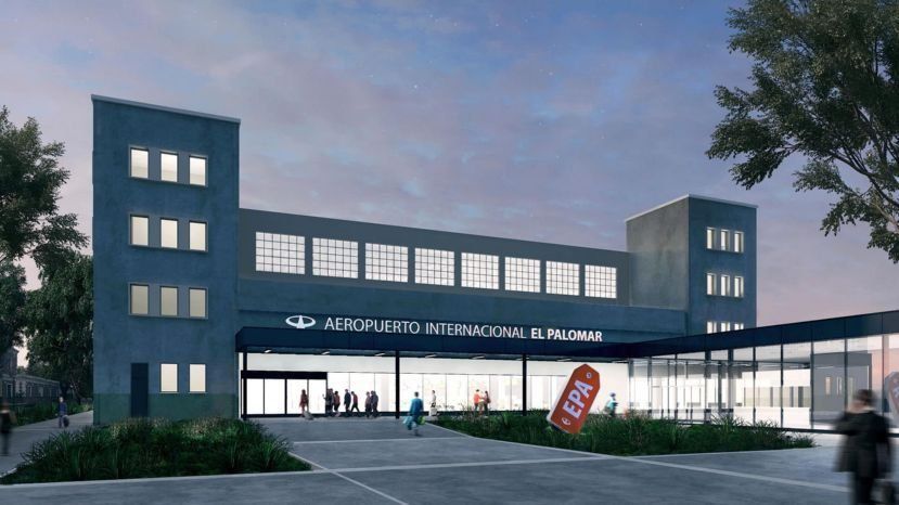 Render de cómo quedaría el edificio principal del aeropuerto de El Palomar, presentado por el Ministro de Transporte de la gestión anterior, Guillermo Dietrich.