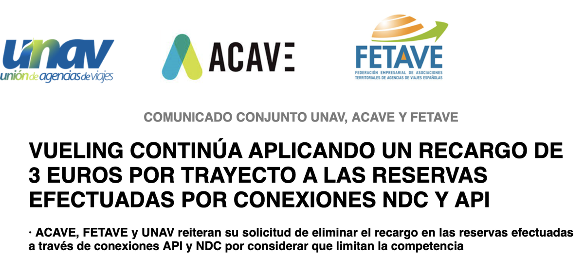 Fragmento del comunicado de ACAVE, UNAV y FETAVE sobre el recargo por reserva de Vueling