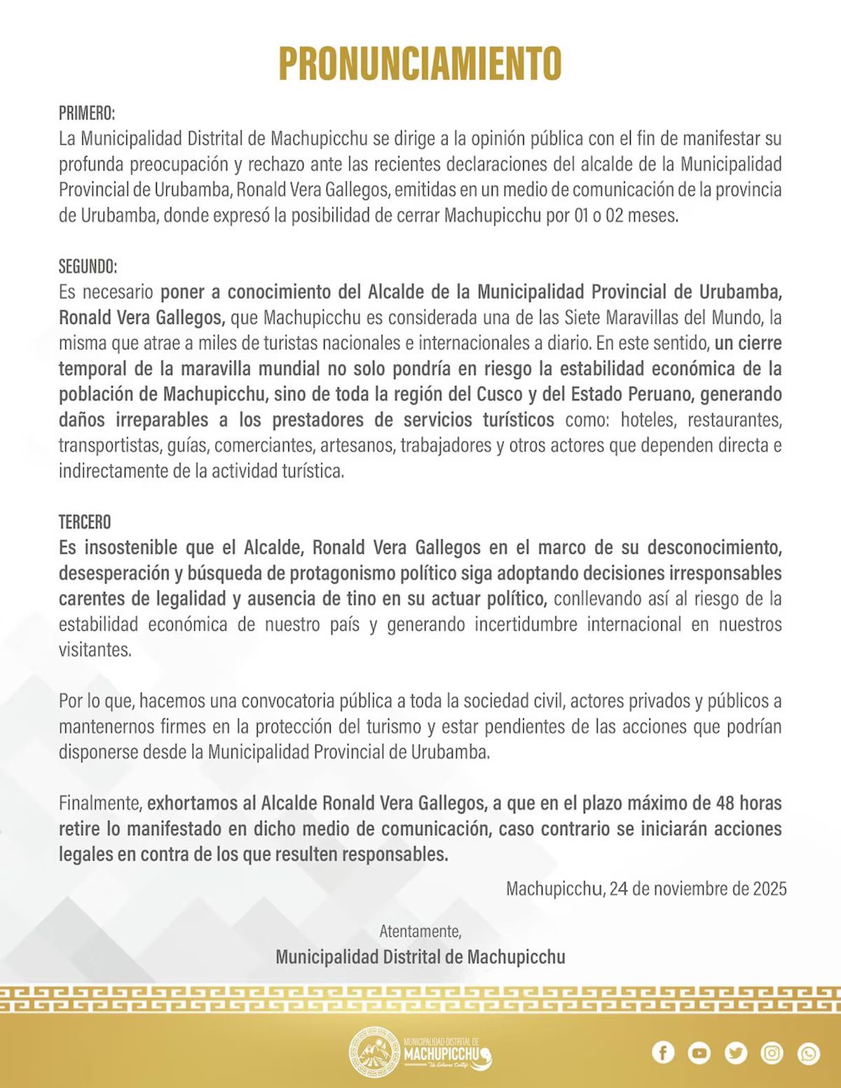 Comunicado de la Municipalidad Distrital de Machu Picchu. Comunicado de la Municipalidad Distrital de Machu Picchu.