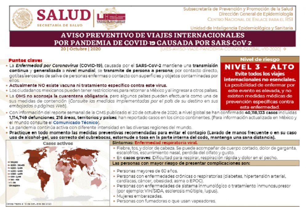 La Secretaría de Salud emitió una alerta de viajes internacionales por Covid-19.