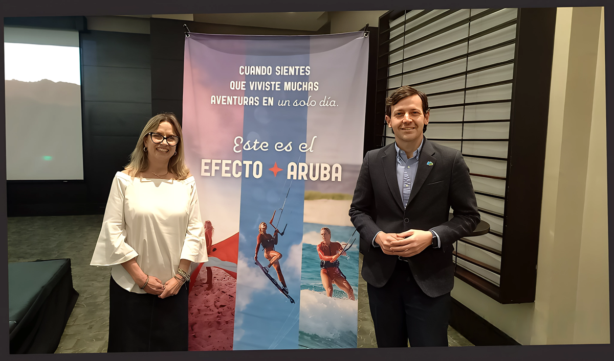 Claudia Delgado, representante comercial de la Autoridad Turismo de Aruba, y Jordan Schlipken, director.