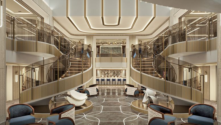 Starlight Atrium, uno de los espacios ícono de Seven Seas Prestige. Regent Seven Seas proyecta el lanzamiento para fines de 2026.