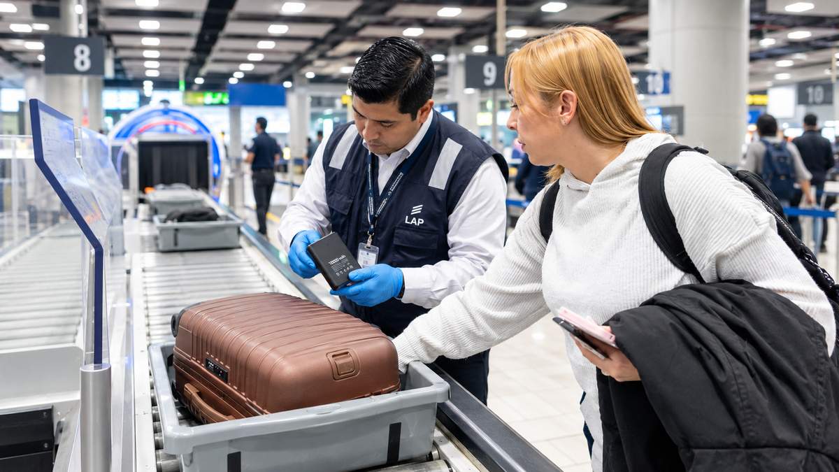 El Aeropuerto Jorge Chávez verifica la capacidad en WH de una batería portátil retenida durante el control de seguridad en Lima.
