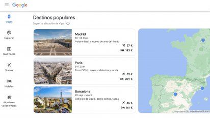 Destinos populares dentro de la herramienta de viajes de Google.